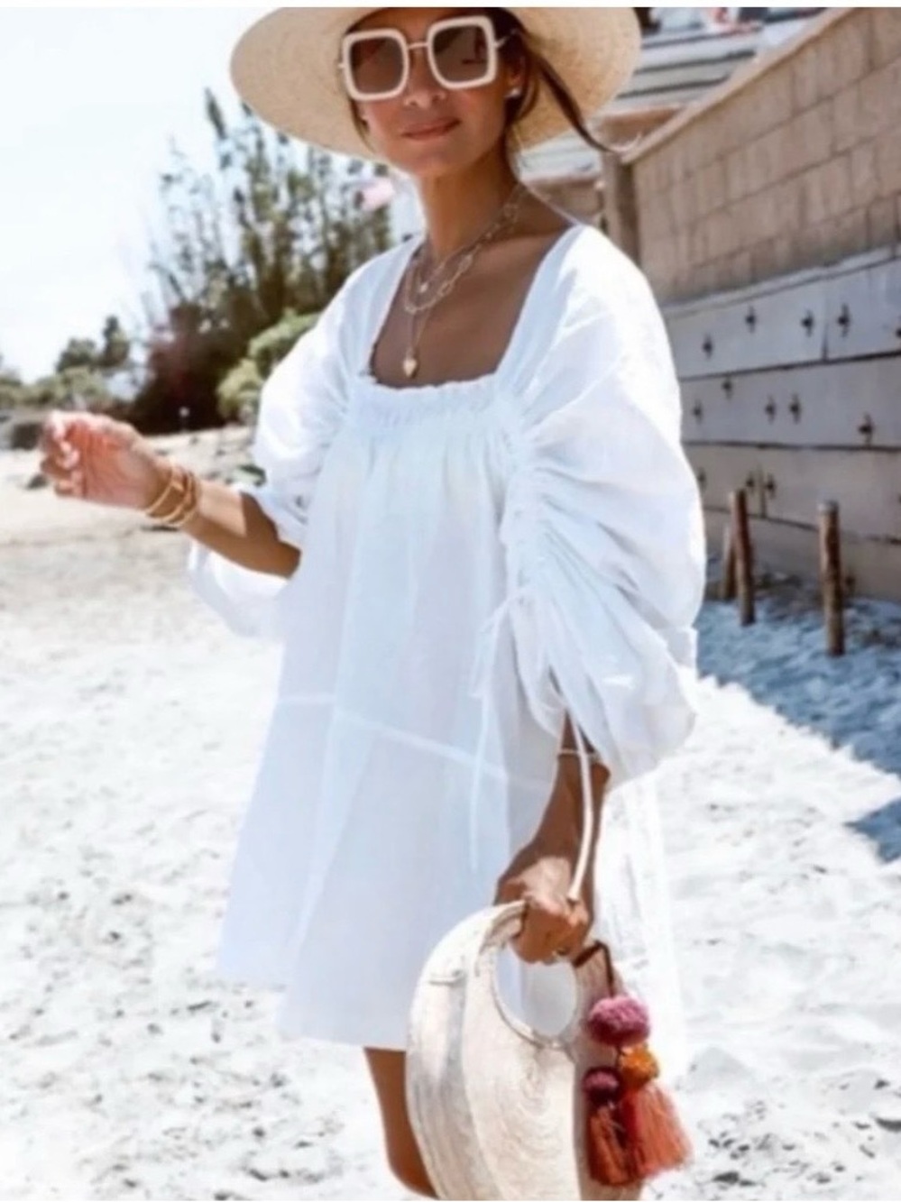 Free People White Square-Neck Ruched Sleeve Tunic